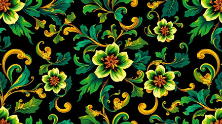 Seamless pattern with flowers and leaves on a black background.