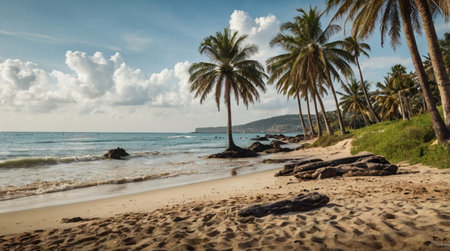 Panoramic view of the beach with palm trees on the foreground