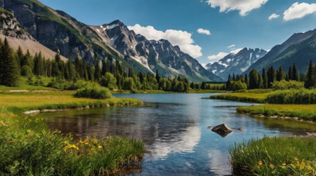 Mountain lake in the Rocky Mountains of Canada. Panoramic view.の写真素材