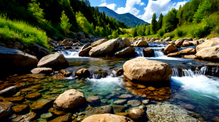 mountain river in summer. beautiful landscape with a mountain river and rocksの写真素材