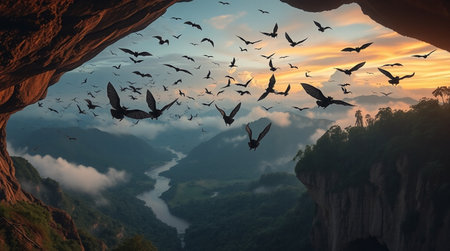 Beautiful view of a cave with flying birds in the morning.の写真素材