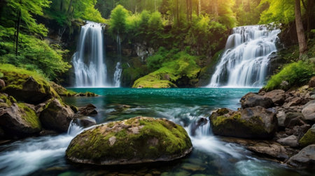 Panoramic view of the beautiful waterfall in the green forest.の写真素材