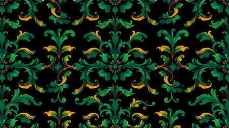 Seamless pattern with green and yellow floral ornament on black background