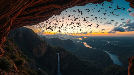 Beautiful landscape with waterfall and birds in the cave at sunset.の写真素材