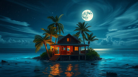 House in the ocean at night with full moon. 3D renderingの写真素材