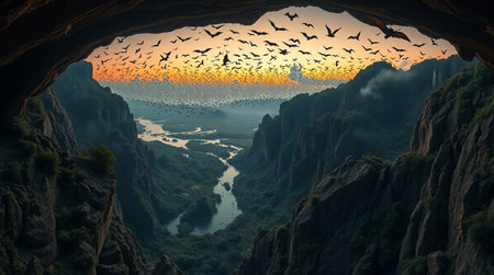 View from the cave to the sea with flying birds at sunset.の写真素材