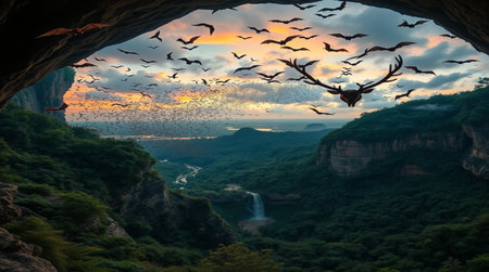 Birds flying in the cave at sunset.の写真素材