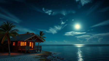 Wooden bungalows on the beach at night with full moonの写真素材