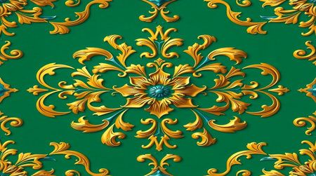 3d render of golden floral ornament on a green background with copy space