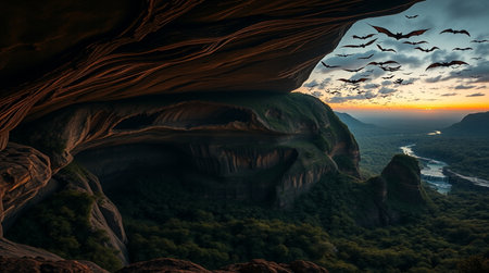 Beautiful sunset in the mountains. Panoramic view from the caveの写真素材