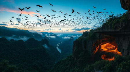 Mountain landscape with flying birds at sunset. Panoramic viewの写真素材
