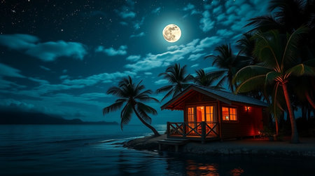 Wooden hut on a tropical island in the sea at night with full moonの写真素材