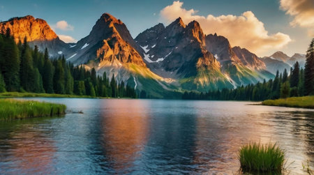 Fantastic panoramic view of the lake in the mountainsの写真素材