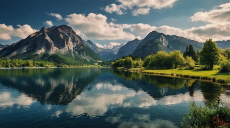 Panoramic view of lake and mountains in Bavaria, Germanyの写真素材