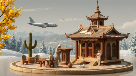 3d illustration of Chinese pavilion and airplane in the background.