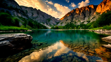 Beautiful lake in the Dolomites at sunset, Italy.