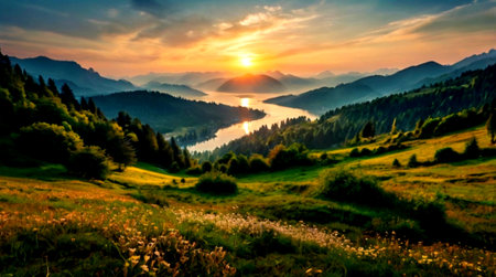 panoramic view of alpine lake at sunset. beautiful summer landscapeの写真素材