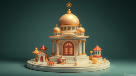 3d illustration of a miniature church with golden domes on a green backgroundの写真素材