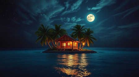 House on a tropical island at night with full moon. 3d renderingの写真素材