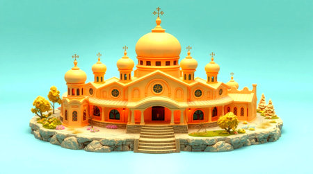 3d render of christian church with yellow and blue background.の写真素材