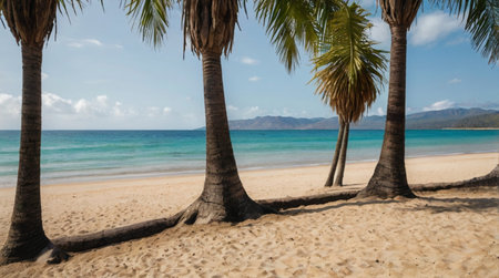 Palm trees on the beach. Beautiful tropical beach with palm trees.の写真素材