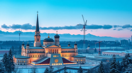 Panoramic view of Uspenskiy Cathedral in winter, Moscow, Russiaの写真素材