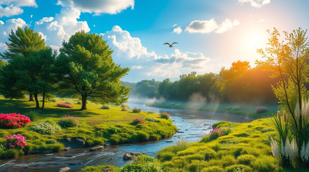 Beautiful summer landscape with river and green meadow at sunset.の写真素材