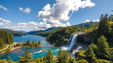 Panoramic view of turquoise lake and waterfall in the mountains.の写真素材
