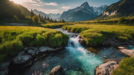 Panoramic view of a mountain river in a valley in the Alpsの写真素材