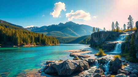 Beautiful mountain lake in Altai mountains at sunset. Siberia, Russiaの写真素材
