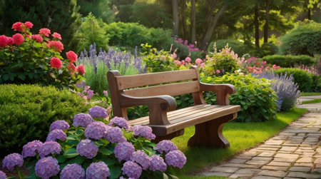 Wooden bench in the garden with pink hydrangea flowersの写真素材