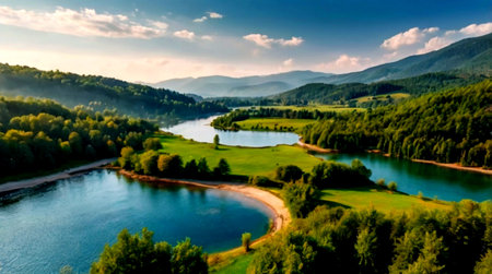 Aerial view of a beautiful lake in the Carpathian mountainsの写真素材