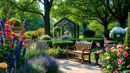 Beautiful spring garden with a wooden bench and blooming flowers.の写真素材