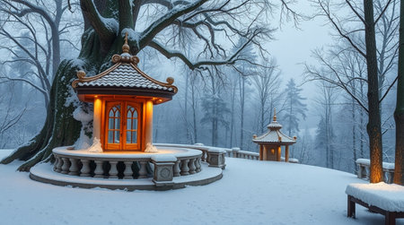 Chinese pavilion in winter forest with snow on the ground and treeの写真素材