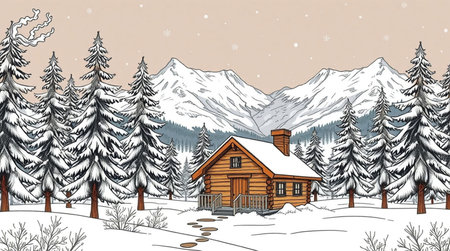 Wooden house in the mountains. Winter landscape. Vector illustration.の写真素材