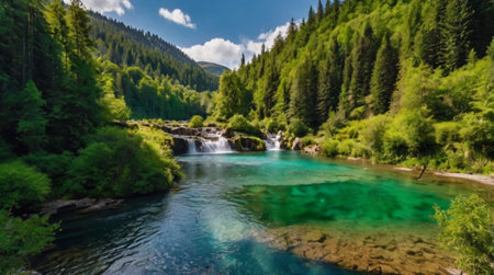 Panoramic view of beautiful turquoise water of a mountain riverの写真素材