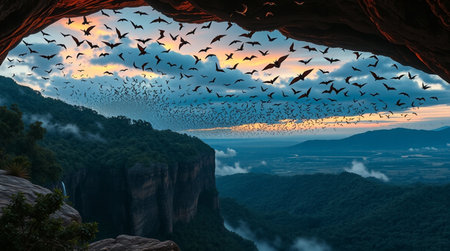 Flock of birds flying in cave at sunrise. Mountain landscape.の写真素材