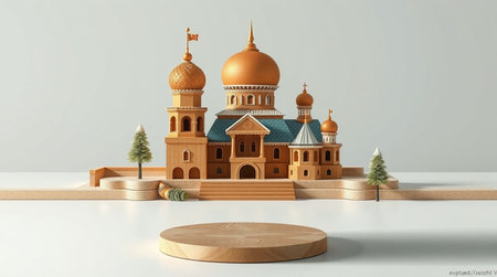 3d render of podium with church and tree.の写真素材