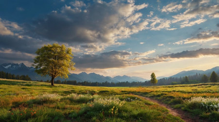 Alpine meadow with a lone tree in the foreground and mountains in the backgroundの写真素材