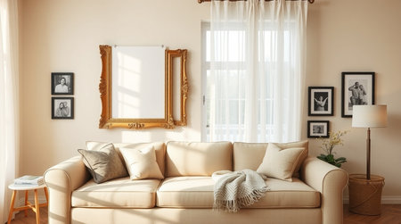 Interior of living room with beige sofa and picture frames. 3d renderの写真素材