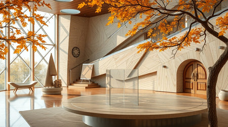 3D rendering of modern luxury hotel reception hall with wooden walls and floor