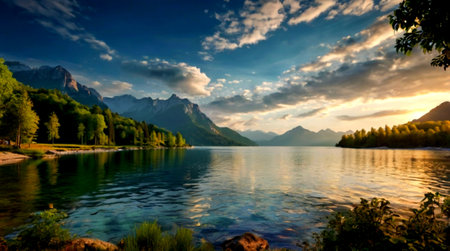 panoramic view of alpine lake in Bavaria, Germanyの写真素材