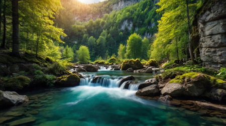 Beautiful mountain river with clear water flowing through the forest. Summer landscape.の写真素材