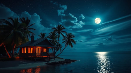 House in the sea at night with full moon. 3D renderingの写真素材