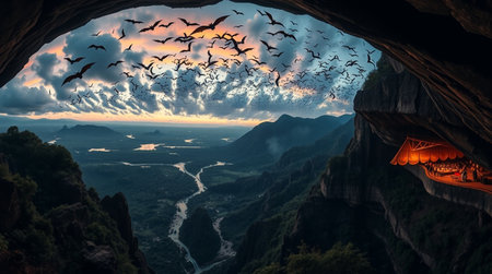 Birds flying over a cave with a view of the valley.の写真素材