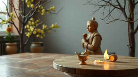 Wooden table with incense and buddha on blurred backgroundの写真素材