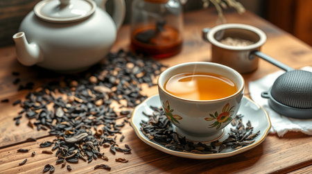 Cup of hot black tea with sunflower seeds on wooden tableの写真素材