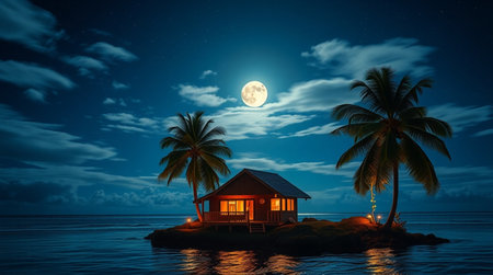 House on a small island in the sea at night with full moonの写真素材