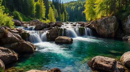 Waterfall in the forest. Beautiful mountain landscape with a waterfall.