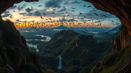 Flock of birds flying in cave at sunset. 3d renderingの写真素材